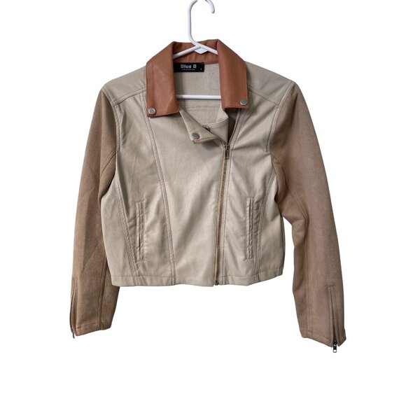 Blue B Collection Moto Jacket Size Small Faux Leather Zip Front Tan Colorblock
